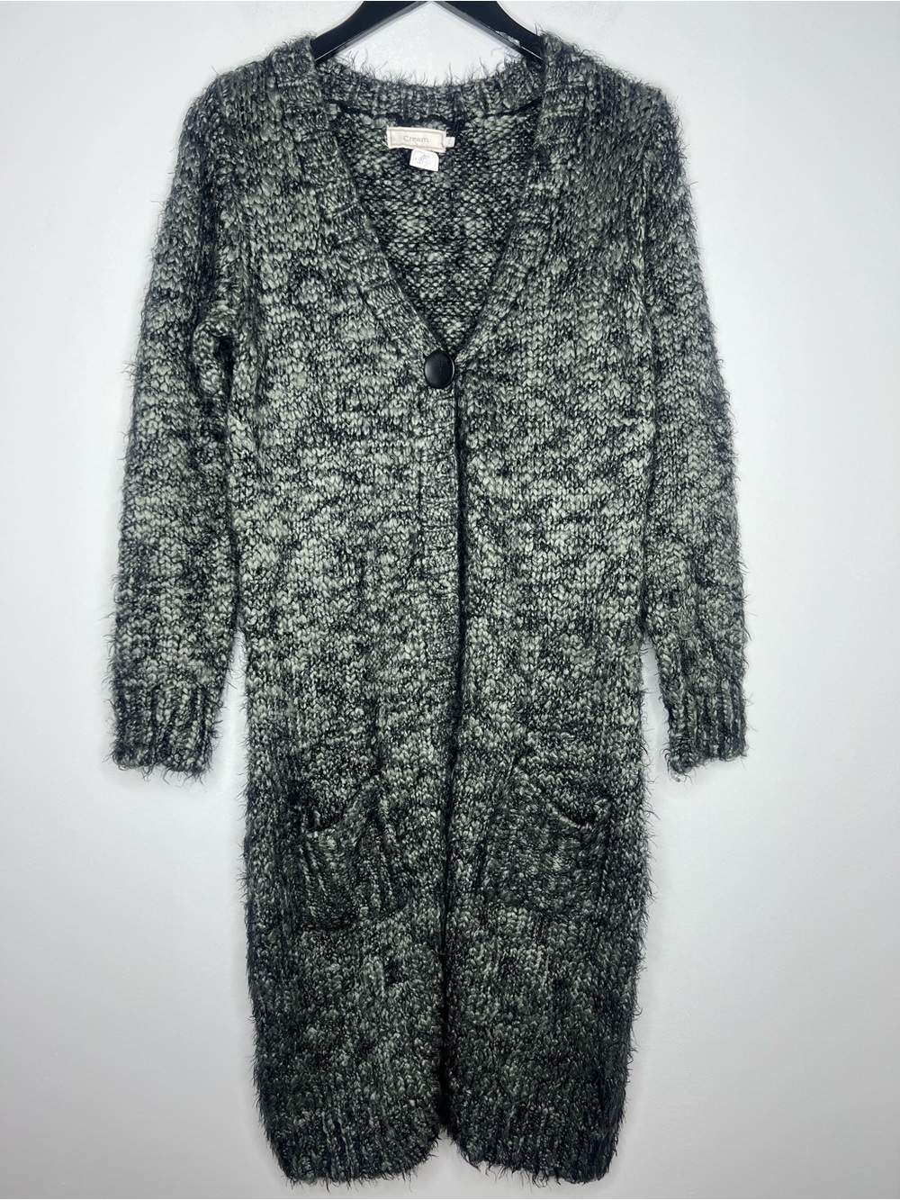 Cream Marled Long Cardigan Sweater Duster Eyelash Knit Boho Cozy Pockets Size L